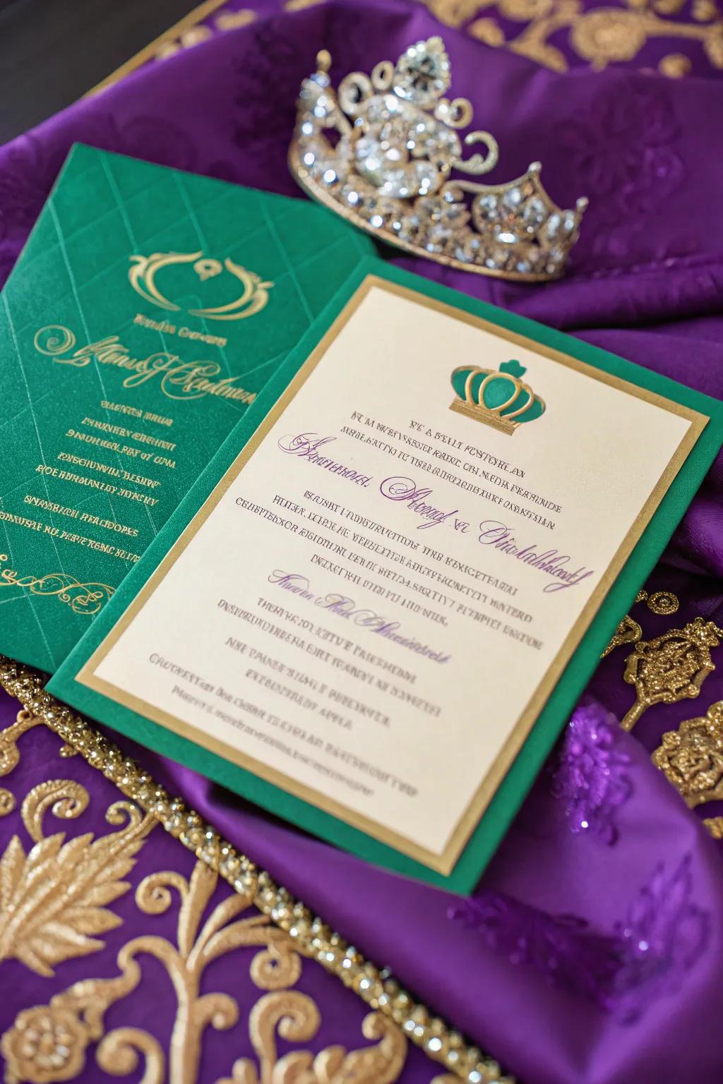 An invitation showcasing the quintessential Mardi Gras color palette.