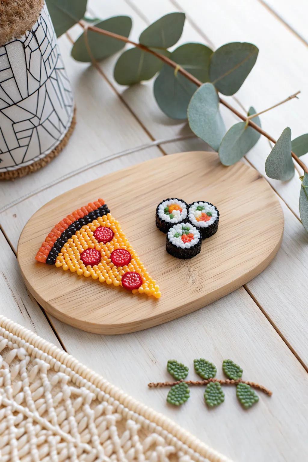 Indulge in the lighthearted charm of scaled-down perler bead food creations, which sprinkle a dash of whimsy throughout your kitchen's visual narrative.