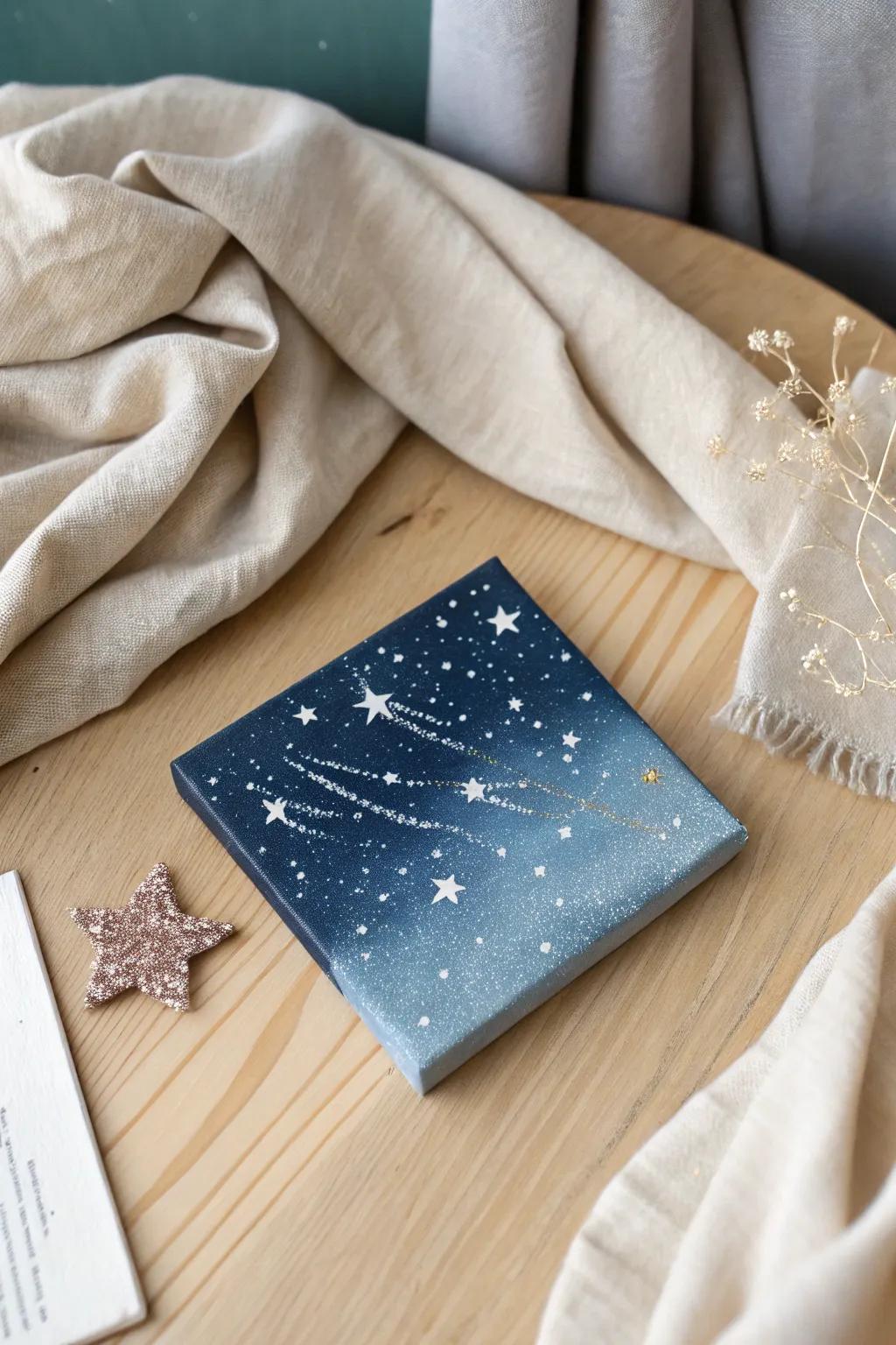 Immortalize the cosmos' allure through a minimalist starry night painting.