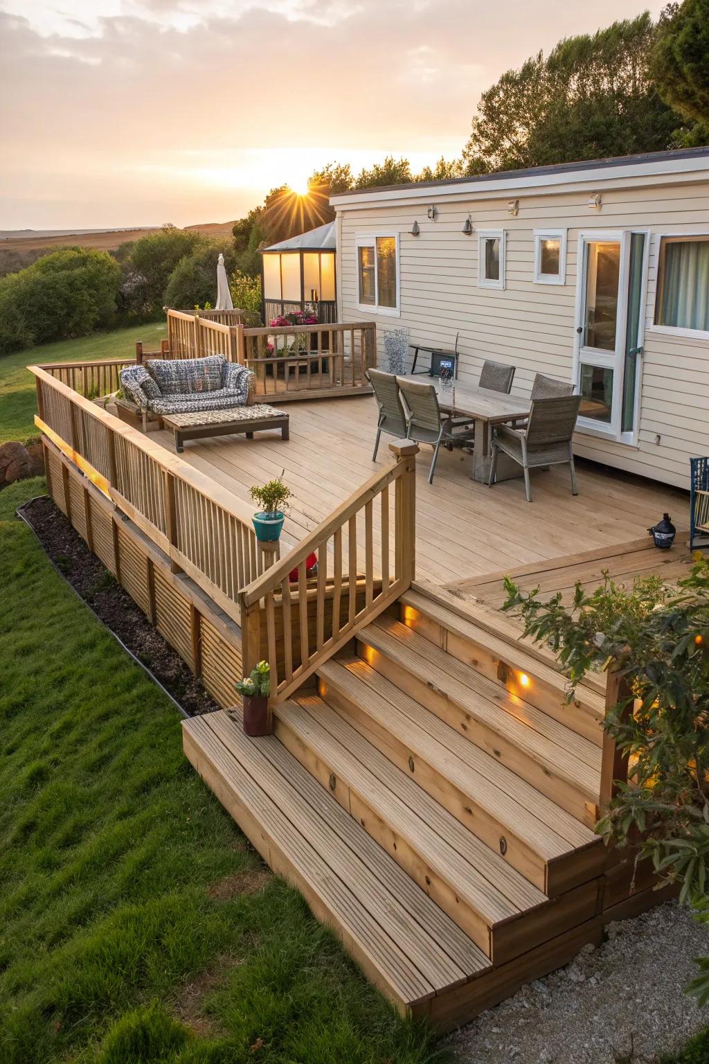 Elevate your mobile home with a captivating multi-level deck that epitomizes elegance and practicality.