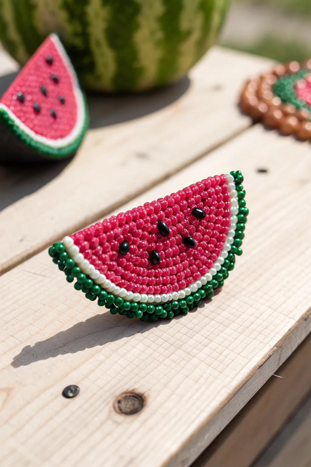 Made with charm: A whimsical beaded watermelon slice that introduces a splash of color to minimalist decor.