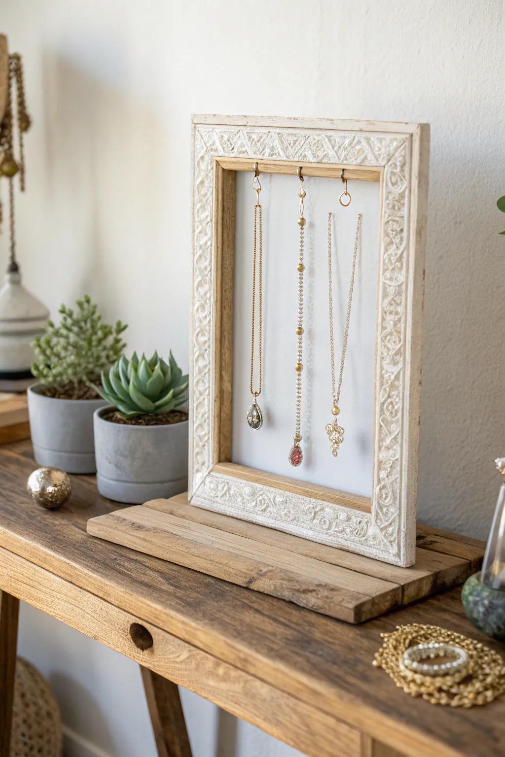 Transform your environment with a hint of ingenuity: an elegant necklace holder crafted from a vintage frame.