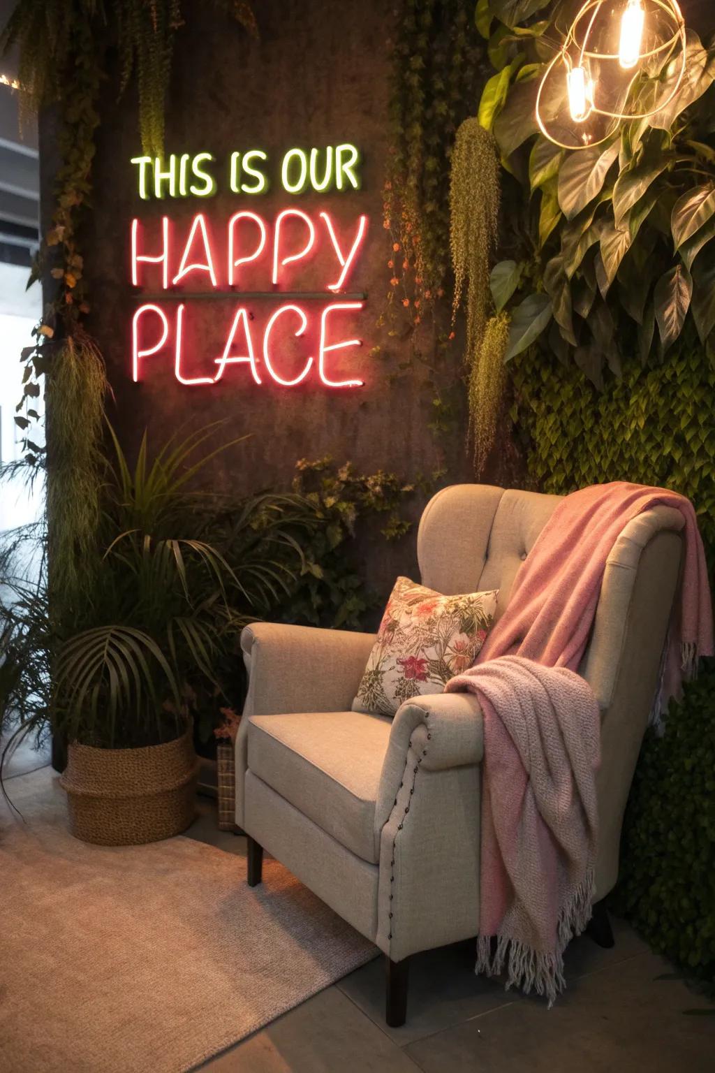A comfy space modified with a 'This is Our Happy Place' illuminated sign.