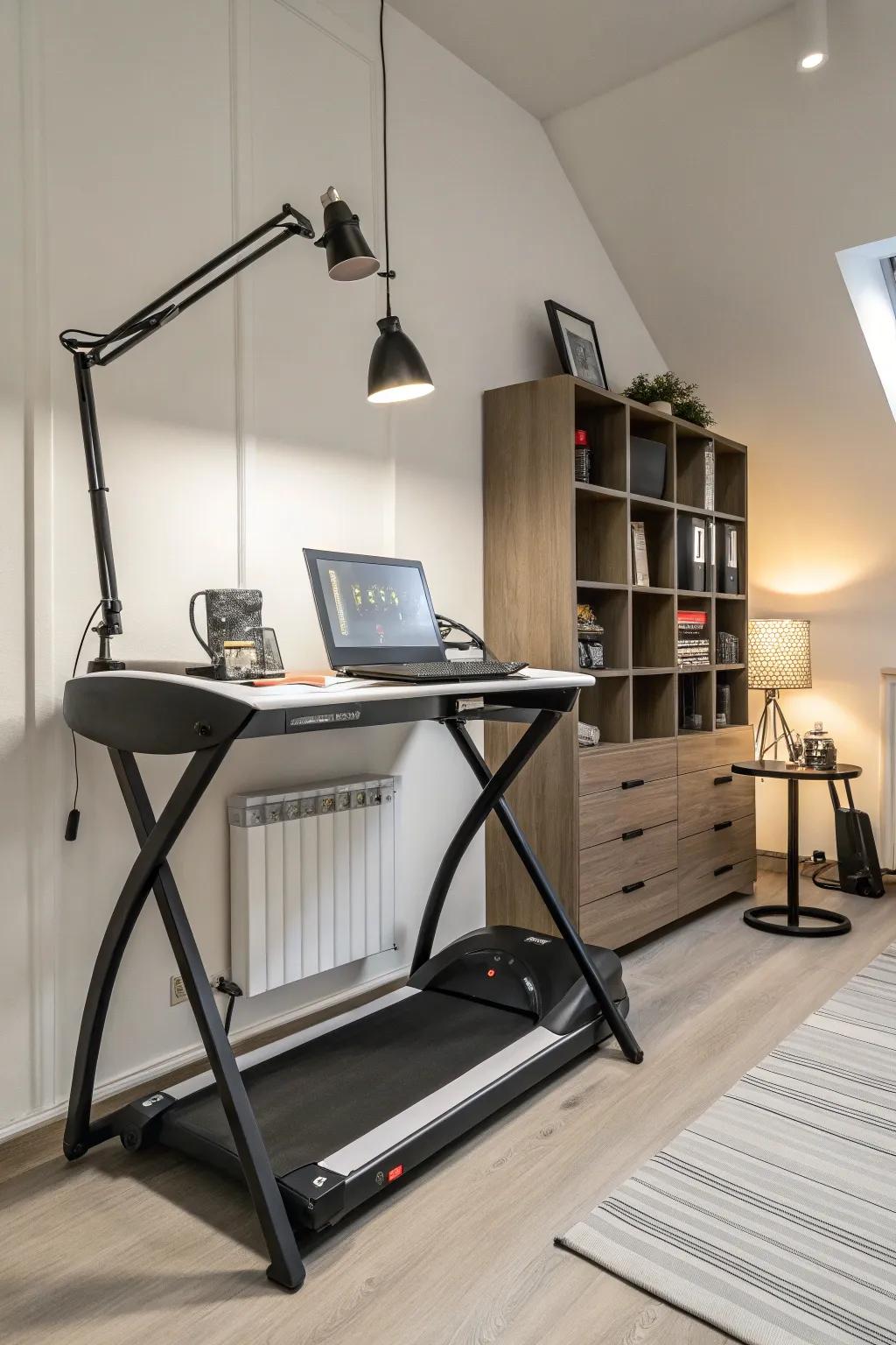 A minimalist's refuge where professional tasks and physical exercise harmoniously blend.