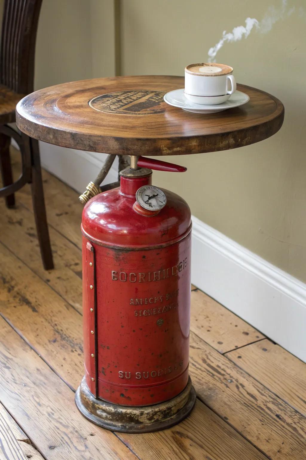 Converting yesteryear into vogue: A side table fashioned from a fire extinguisher, merging historical essence with current style.
