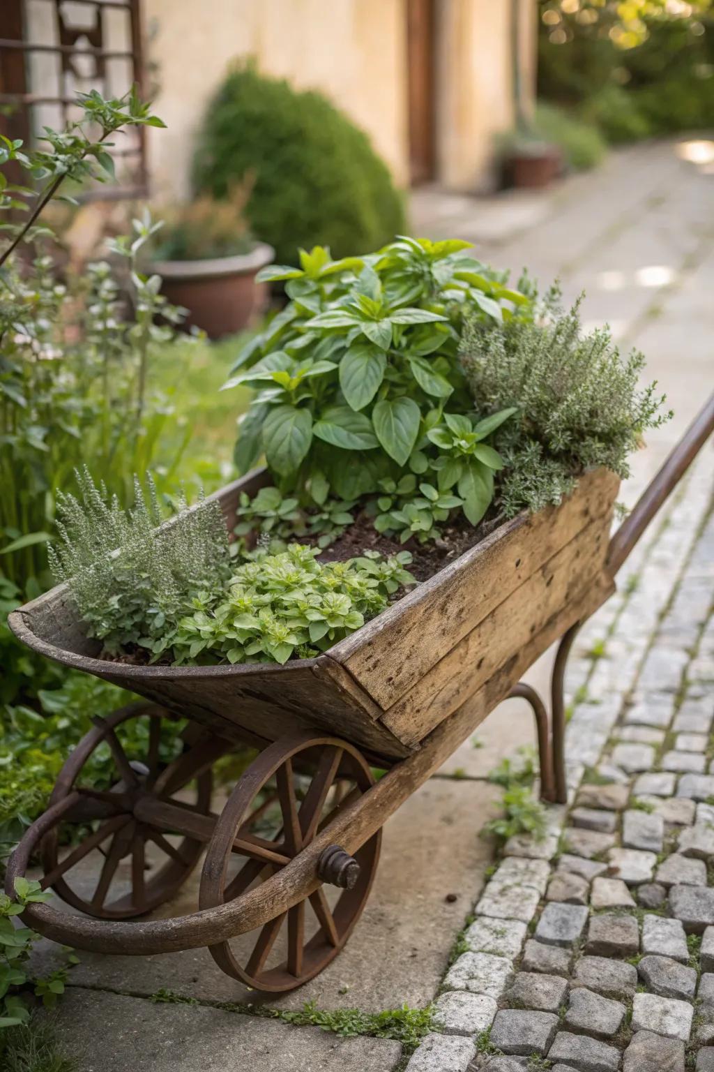 Revamp an old wheelbarrow into a charming petite spice garden—blending rustic appeal with verdant freshness!