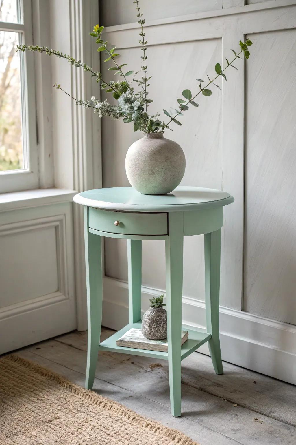 Welcome the tranquility of gentle hues with a mint-colored end table, ideal for adding a subtle yet stylish accent to your area.