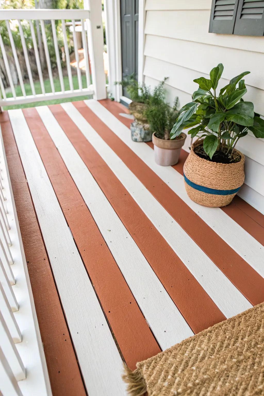 Enhance your porch with striking, striped flooring for a touch of minimalist sophistication.
