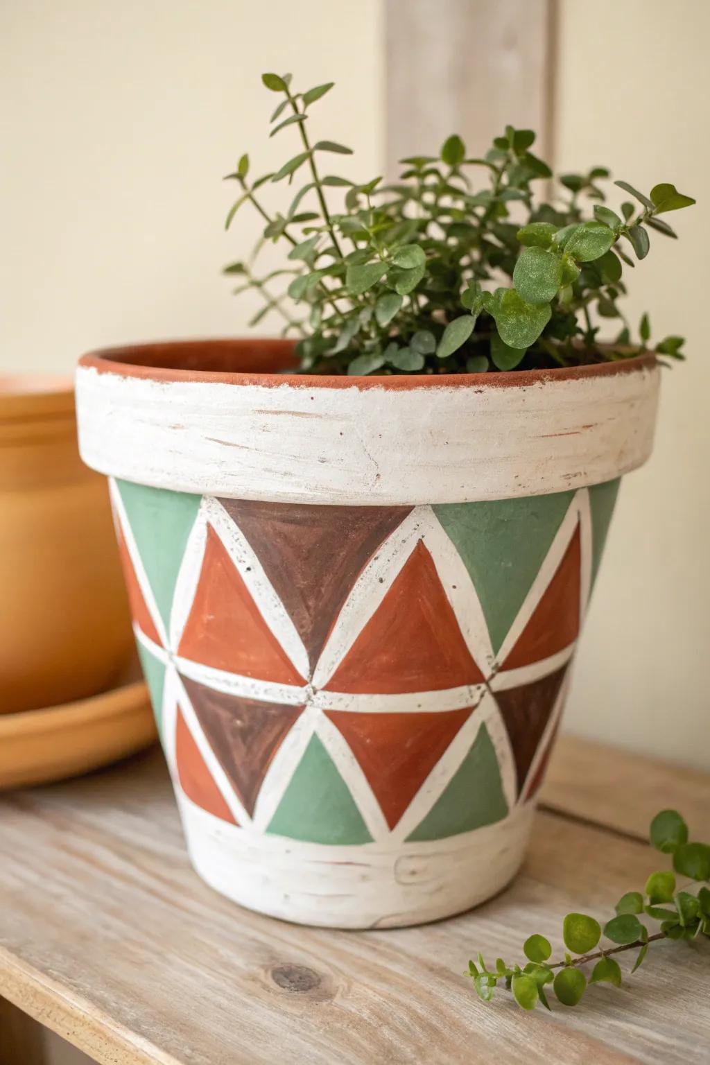 Infuse a modern vibe into your home with geometric painted pots, where simplicity and artistry meet.