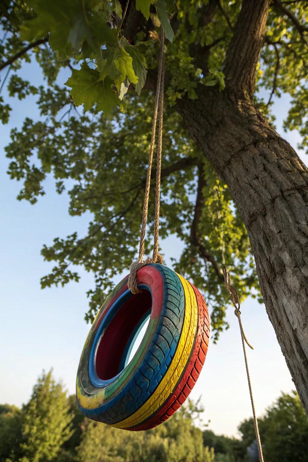 Infuse your backyard with a burst of color and amusement with this masterfully crafted charming tire pendulum.