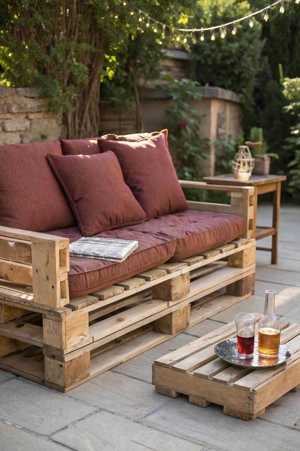 Revamp your patio with this refined pallet seating – a tranquil haven for literature enthusiasts and iced tea aficionados!
