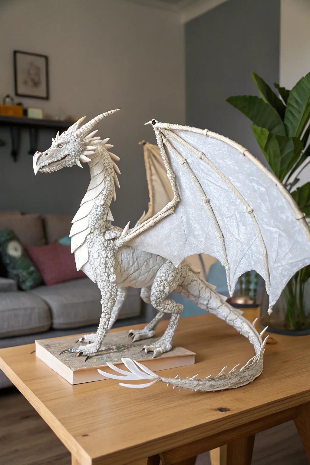 Ignite your artistry with this celestial paper mache dragon, a seamless fusion of fantasy and minimalist aesthetic.