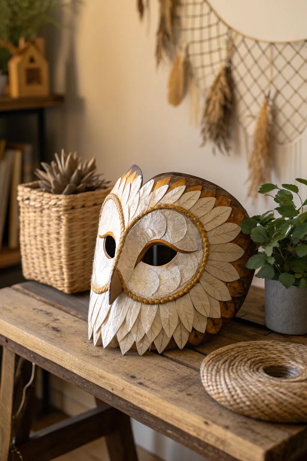 Embrace your inherent wisdom with this dazzling owl mask, a flawless fusion of artistry and the natural world.
