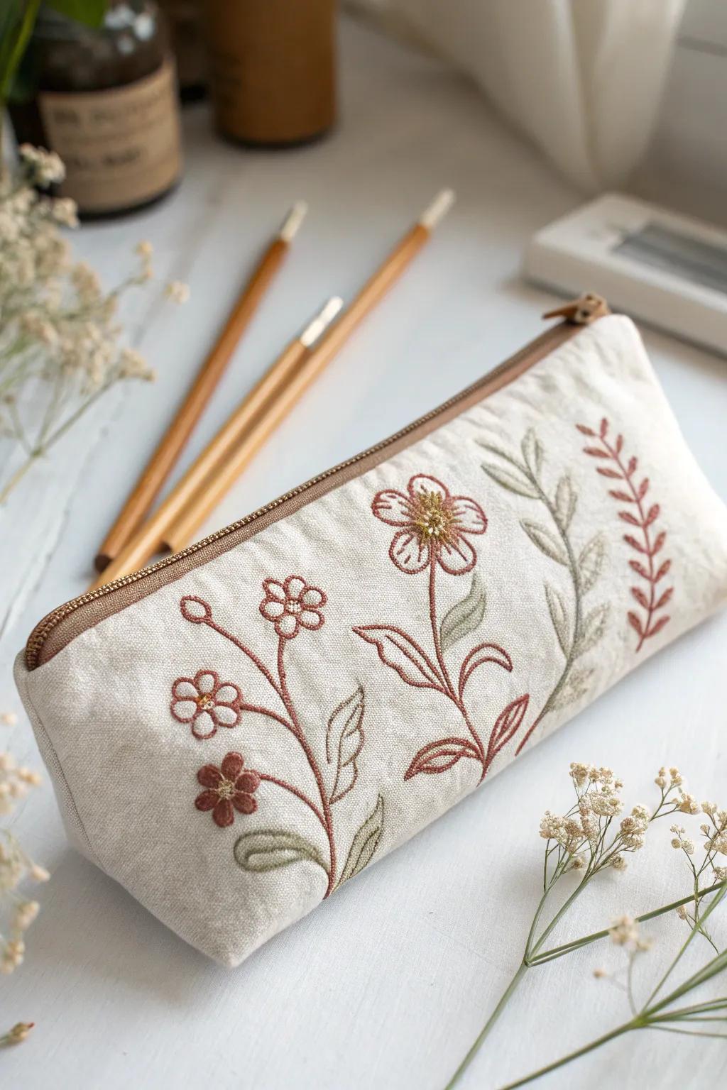 Indulge in the allure of refined embroidery showcased in this exquisitely designed pencil holder, a testament to the harmonious blend of simplicity and artistic expression.
