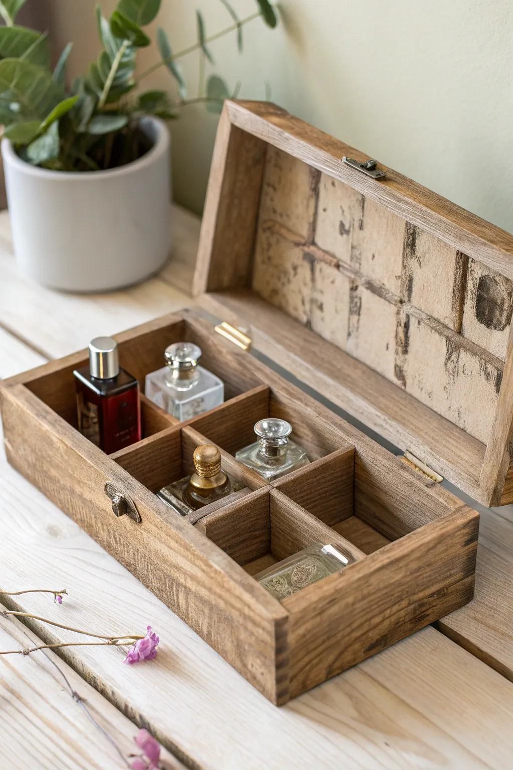 Embrace rustic elegance with a handcrafted perfume organizer, where simplicity is in perfect harmony with style.