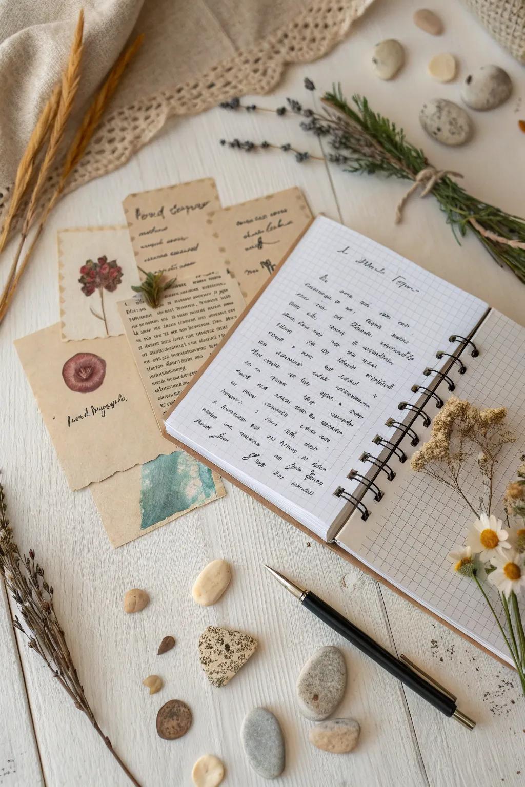 Enrich your collage using personal reflections and sayings, intertwining tales with simplicity and natural beauty.