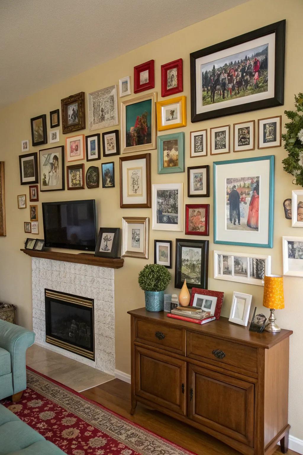 A varied mix of frames infuses character and individuality into the room.