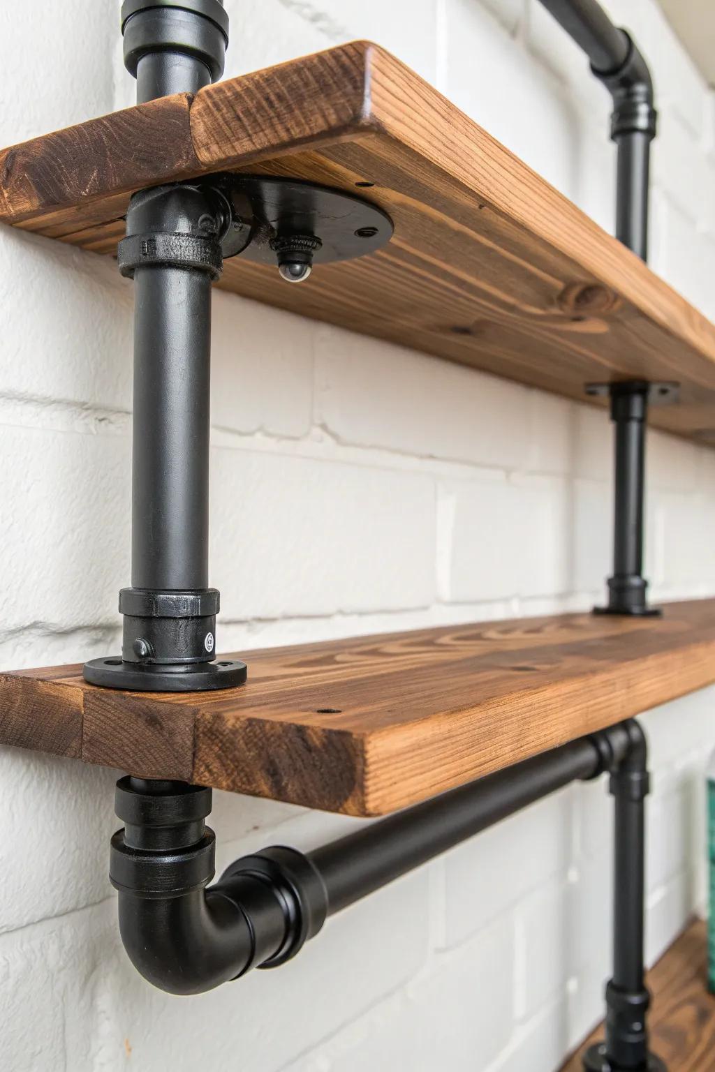 Elevate your area with contemporary artistry: elegant illusionary pipe shelves.