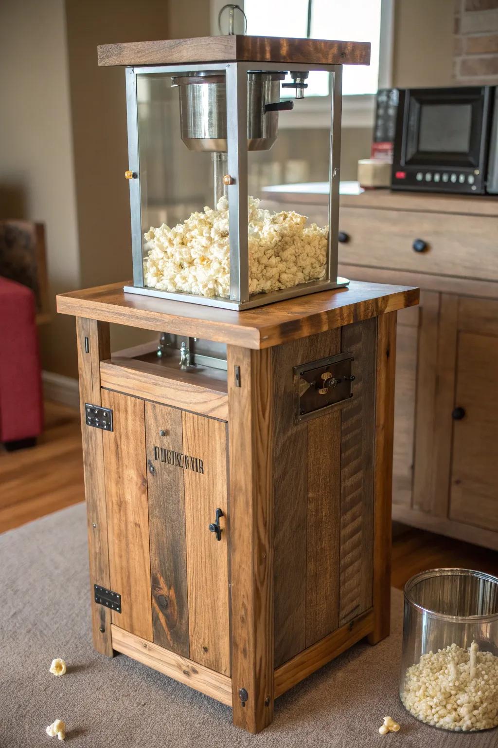 Bestow a rustic allure to your parlor with a handcrafted wood popcorn machine platform.