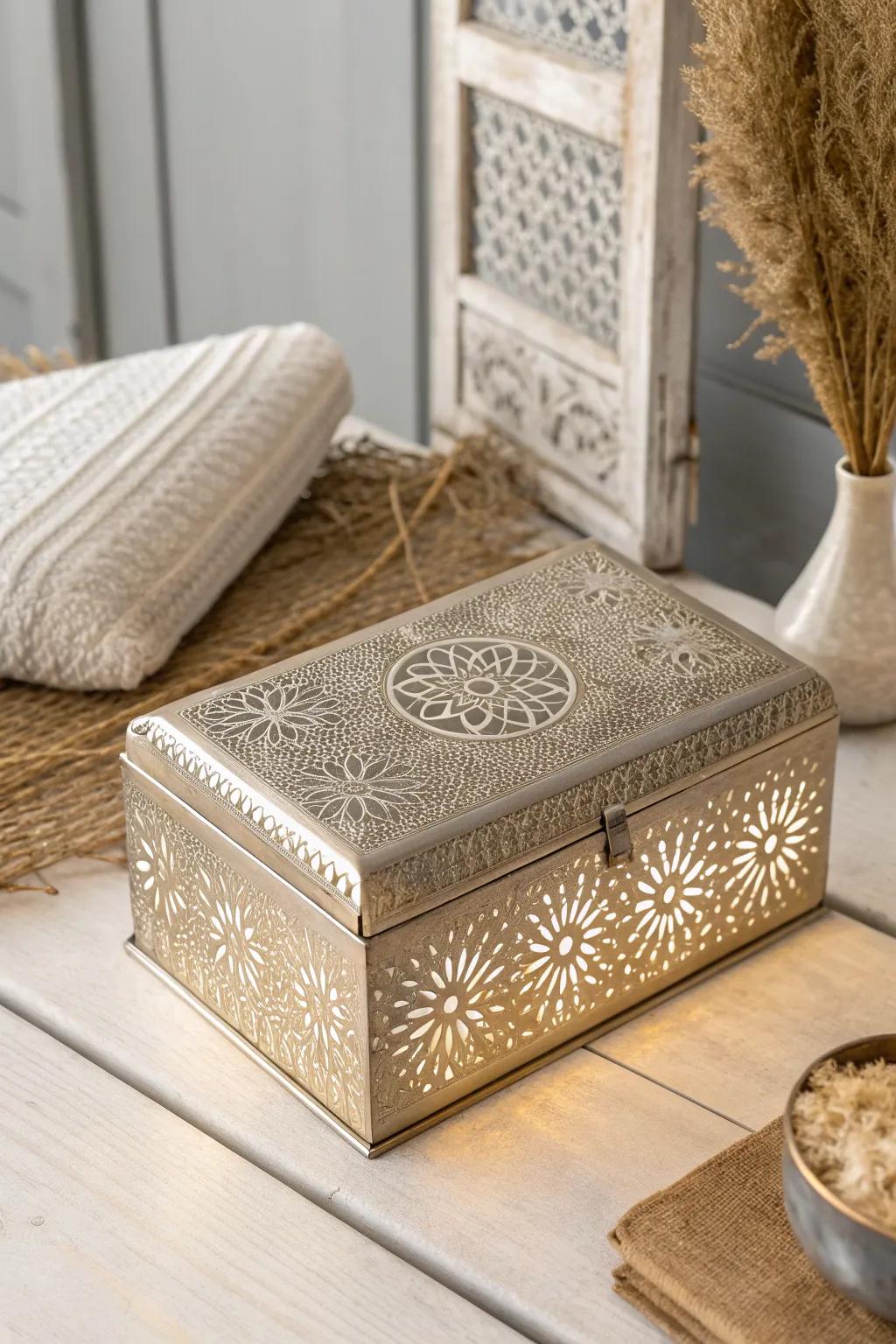 Capture refined metalwork with a hint of bohemian spirit in your prayer box assortment.