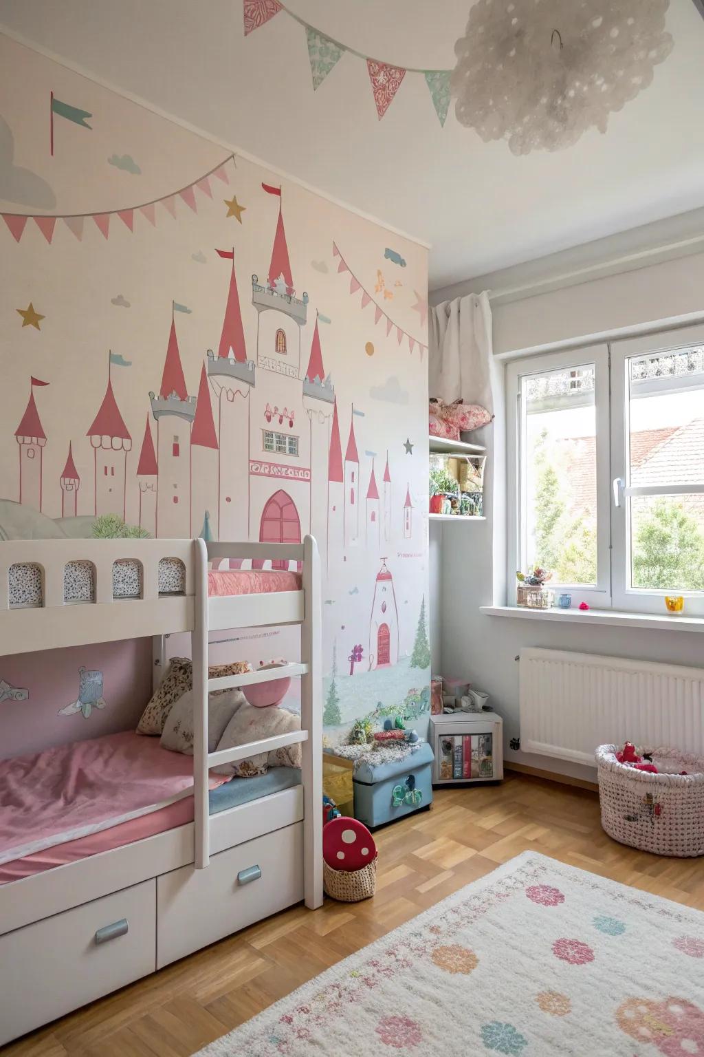 A fanciful wall illustration portraying a fairy tale castle in pastel hues.