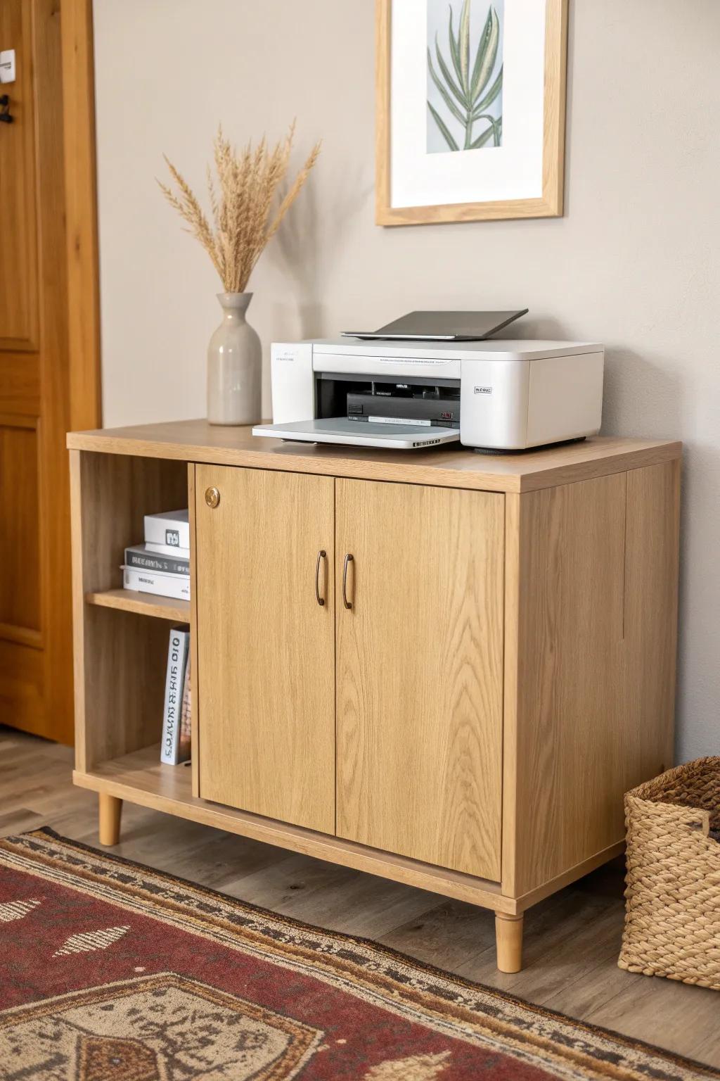 Conceal your printer stylishly within this minimalist cupboard, where functionality converges with sophistication.