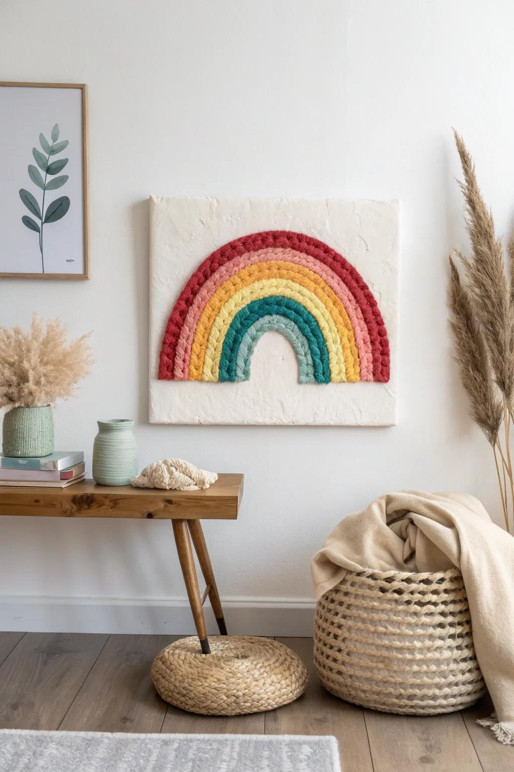 A textured dimensional paint rainbow adds a burst of color, perfect for a minimalist touch!