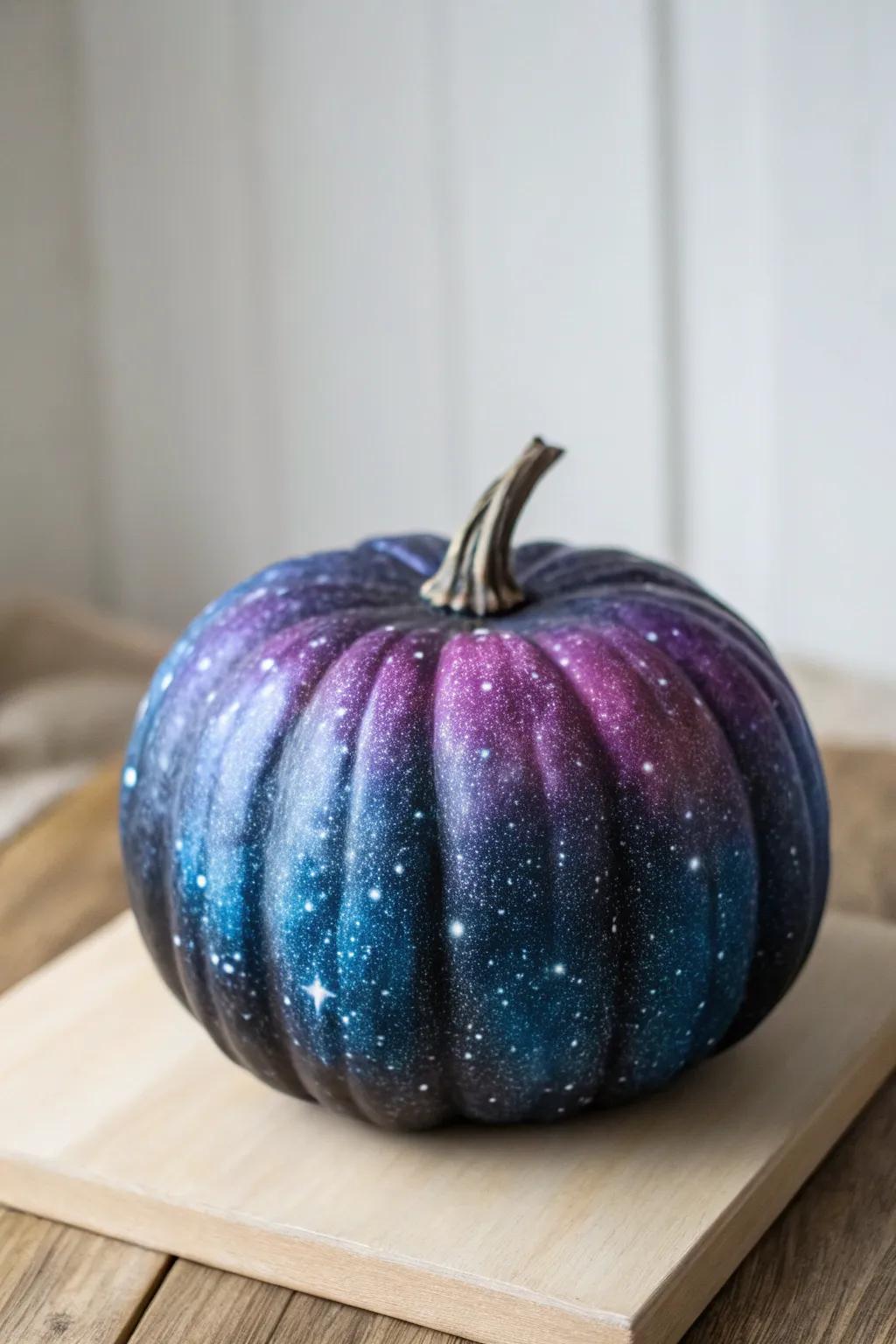 Welcome the wonders of the universe with this breathtaking galaxy pumpkin, where minimalist grace converges with the grandeur of space.