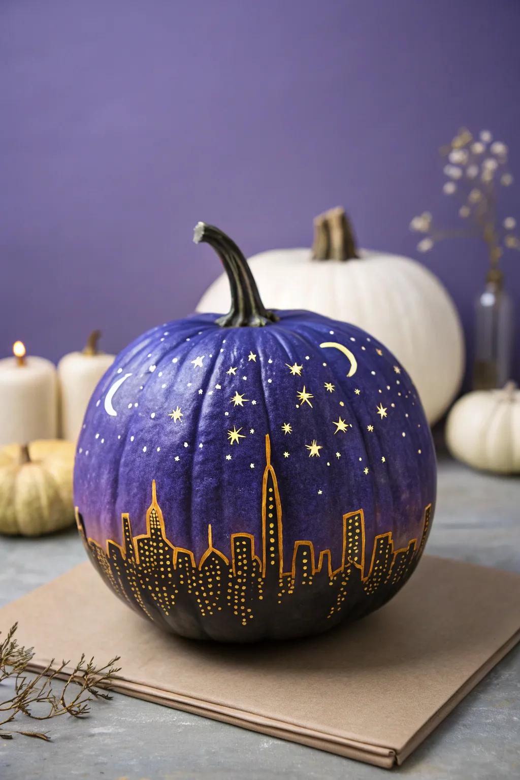 Transform your pumpkin into a stunning dusk spectacle through this striking cityscape concept.