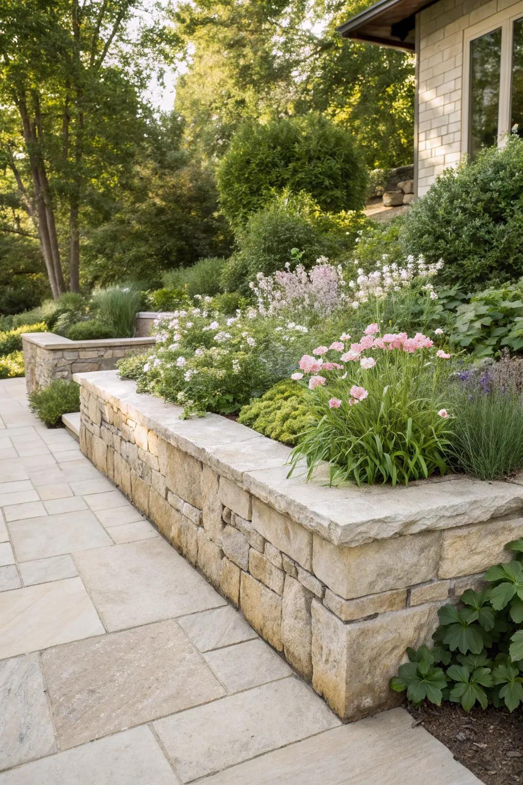 Accentuate your garden with the ageless grandeur of a stone raised flower bed, where organic allure converges with understated layout.