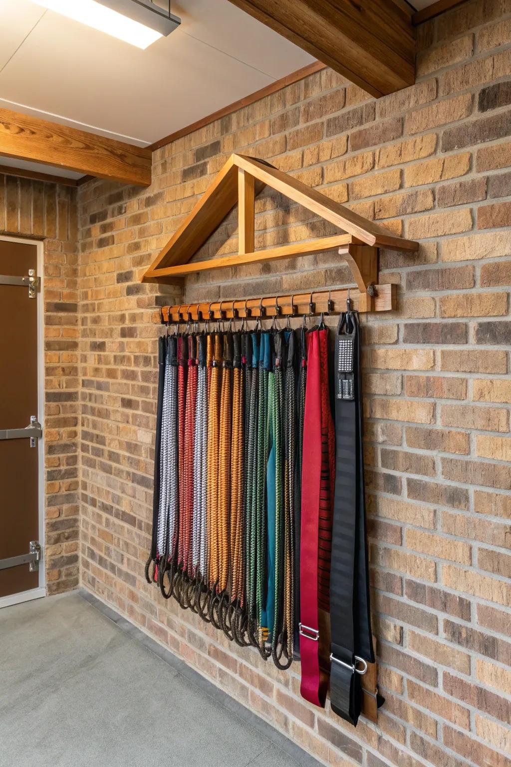 Elevate your garage's organizational prowess with this refined hanging rack, designed specifically for your tie-down straps.