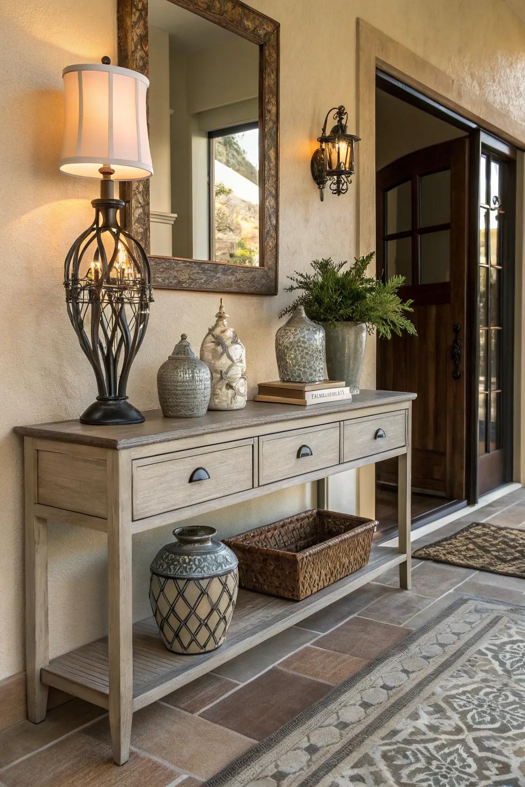 A console table overflowing with charm infuses both style and functionality within the entryway.
