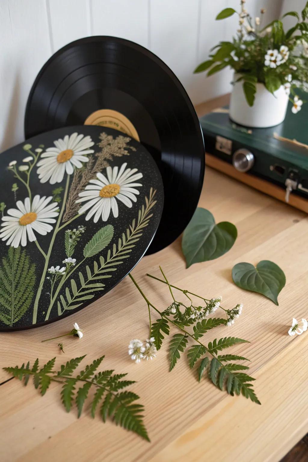 Welcome the outdoors into your dwelling through a touch of creative artistry: Vinyl records adorned with hand-painted daisies and ferns.
