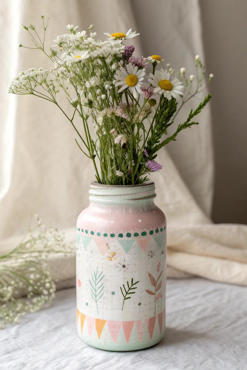 A touch of hue and imagination transforms old containers into striking flower holders!
