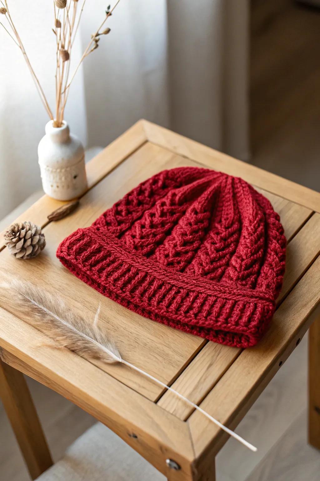 Cozy Refinement: A Hand-fashioned Scarlet Cap for Effortless Sophistication