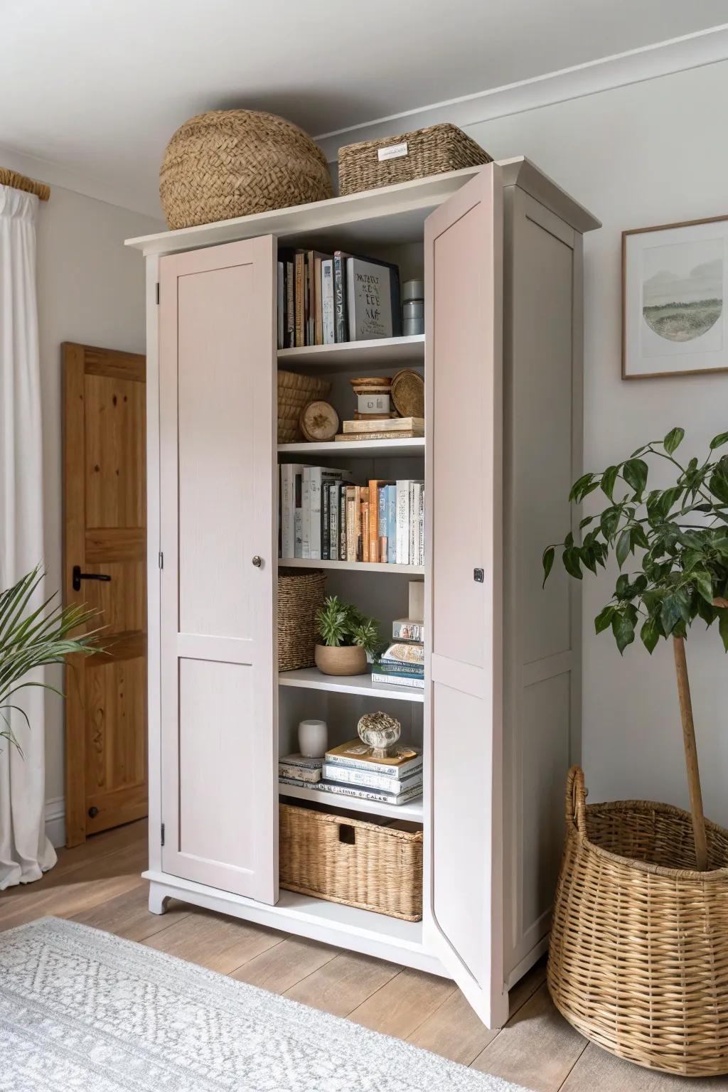 From clothes cabinet to chic bookshelf: A minimalist evolution showcasing your favorite reads with flair.