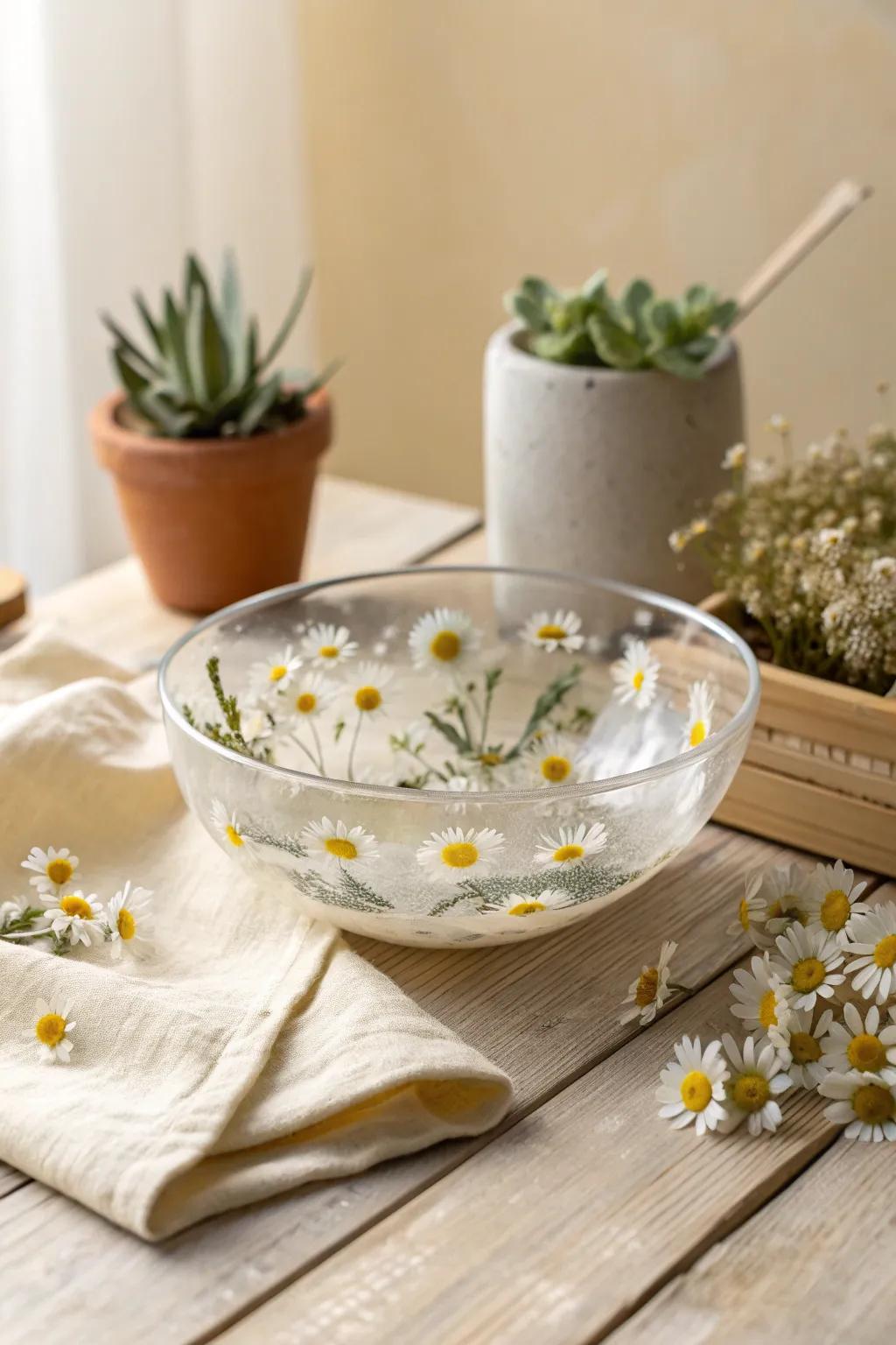 Spring's whisper through daisy-filled resin bowls—simplicity touching natural charm.