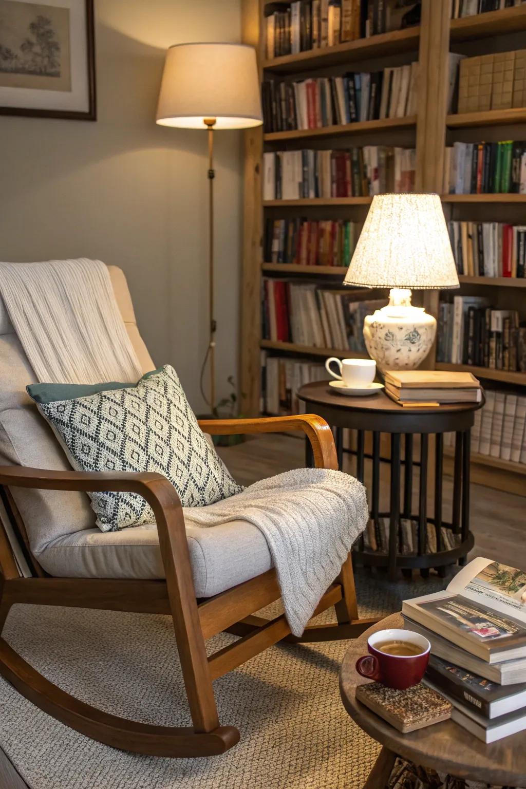 A welcoming reading space showcasing an enchanting rocking chair arrangement.