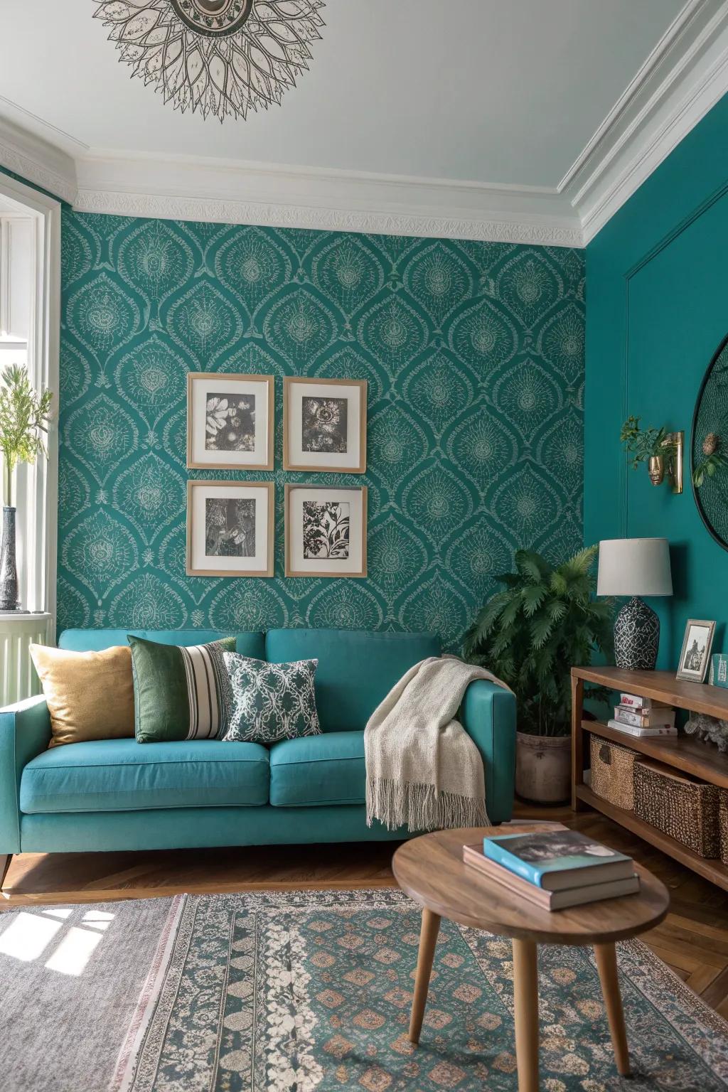 Elevate your space with a captivating blue-green accent wall, where understated elegance complements bohemian allure.