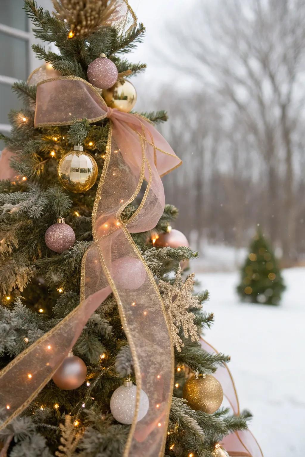 Rosy and gilt fabrics gracefully descending a Christmas tree.