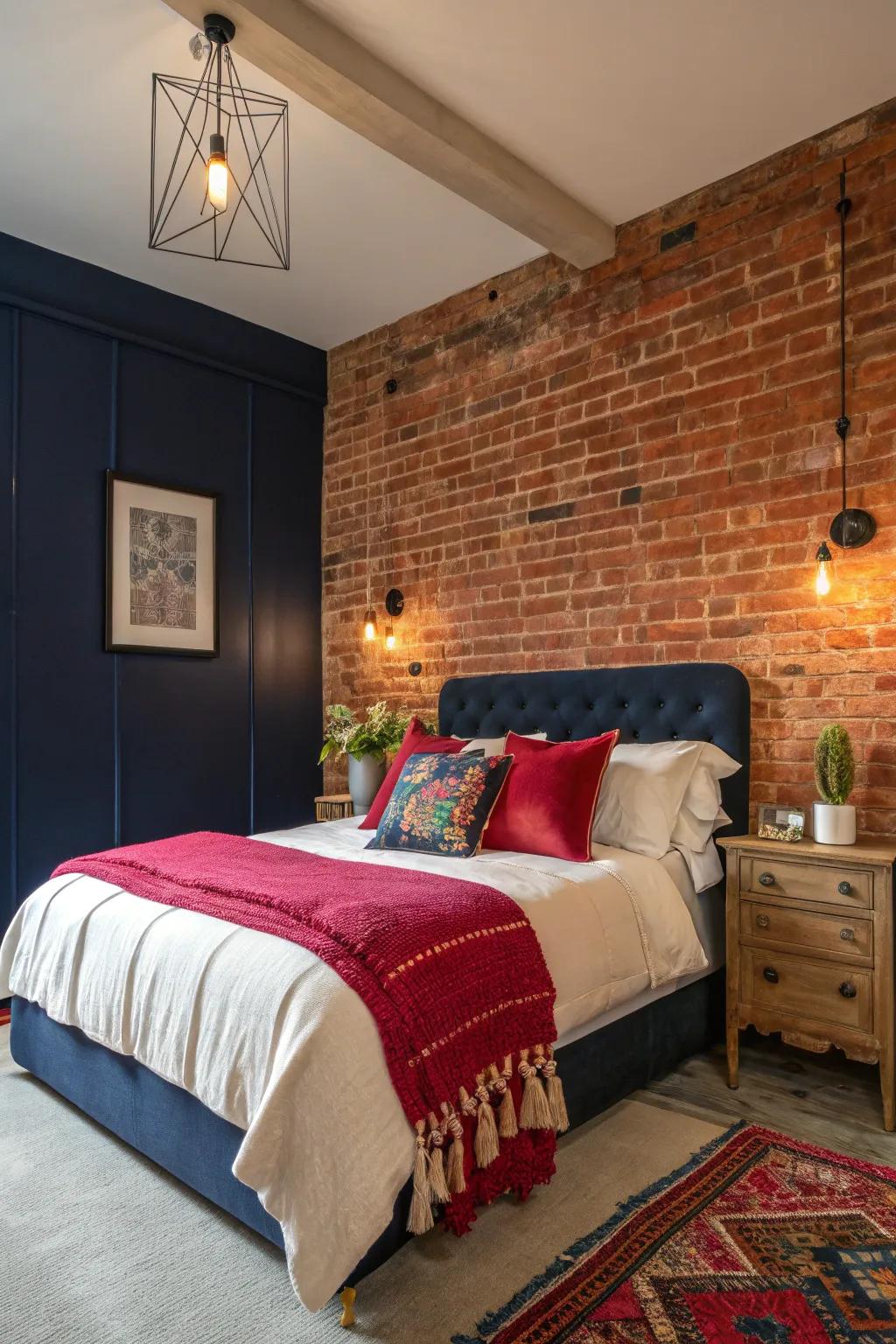 A daring and contemporary bedroom design that harmonizes flawlessly with the character of the brick wall.