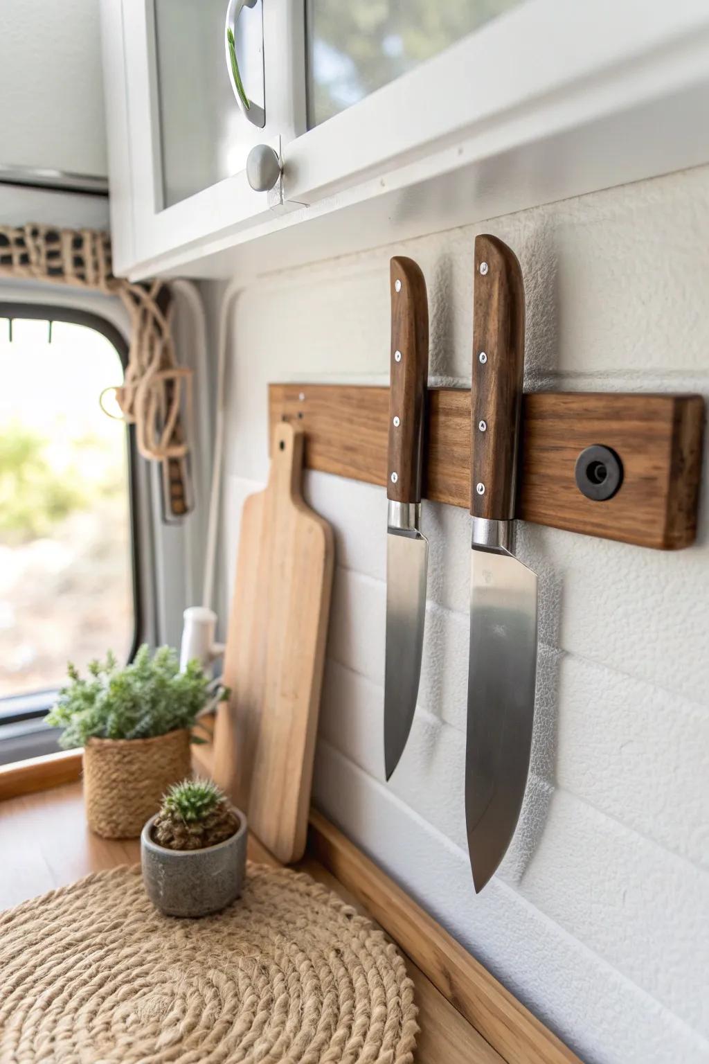 Enhance your RV kitchen with a dash of minimalist sophistication—ferrous knife strips for a streamlined, space-efficient design.