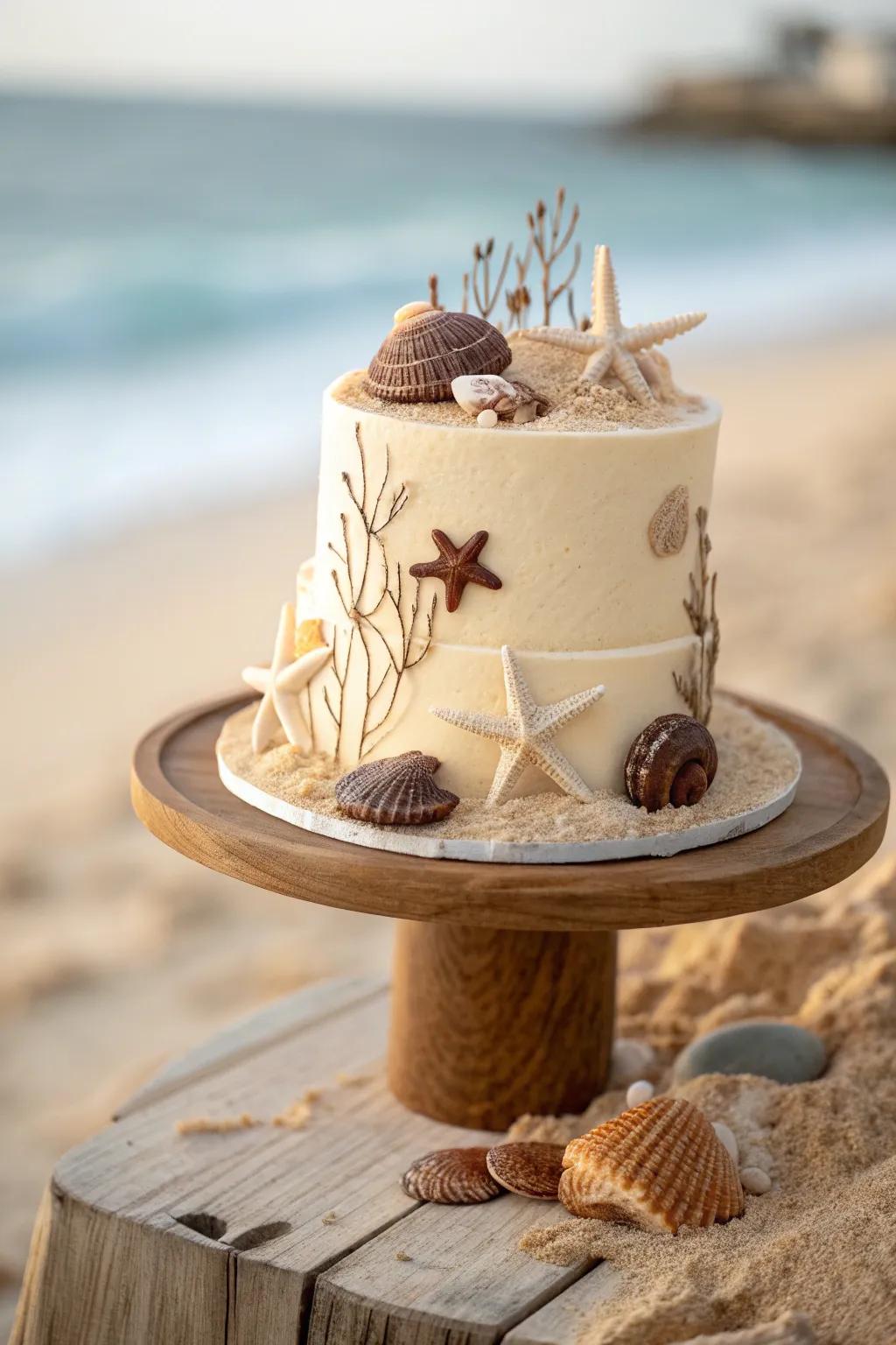 Transform your celebration into a coastal getaway with this refined sandcastle cake, adorned with cocoa seashells and starfish.