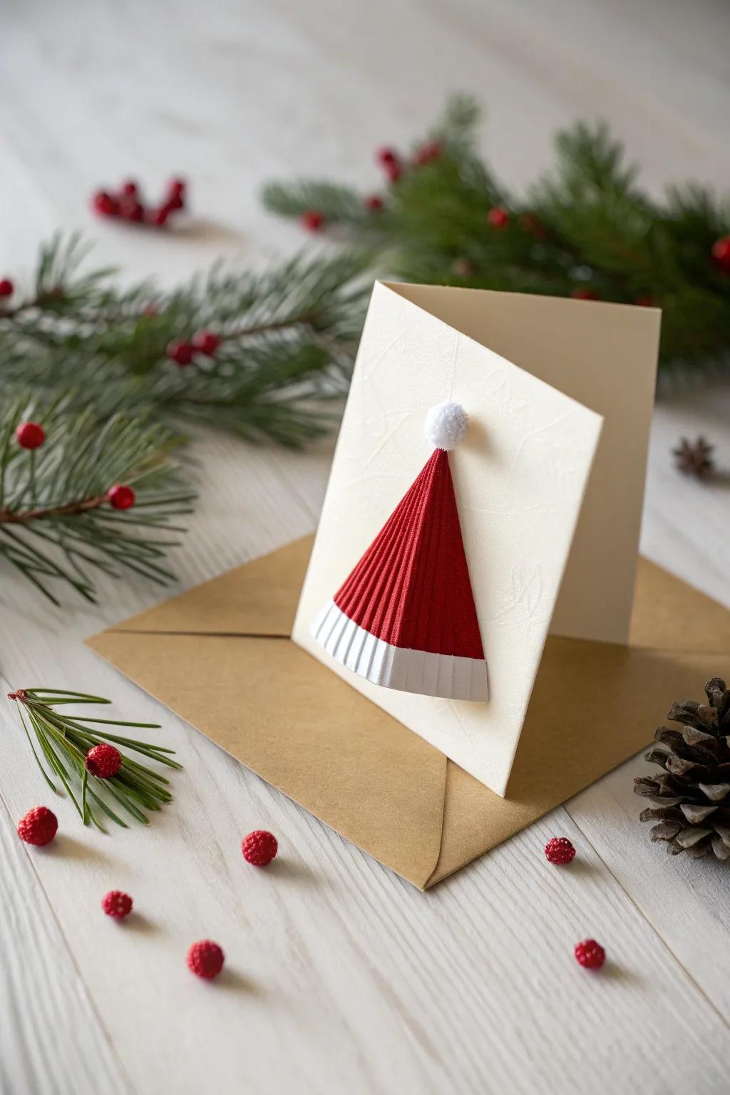Delight in the clarity and allure of an ascending Santa cap card, intertwining minimalism with holiday jubilation.