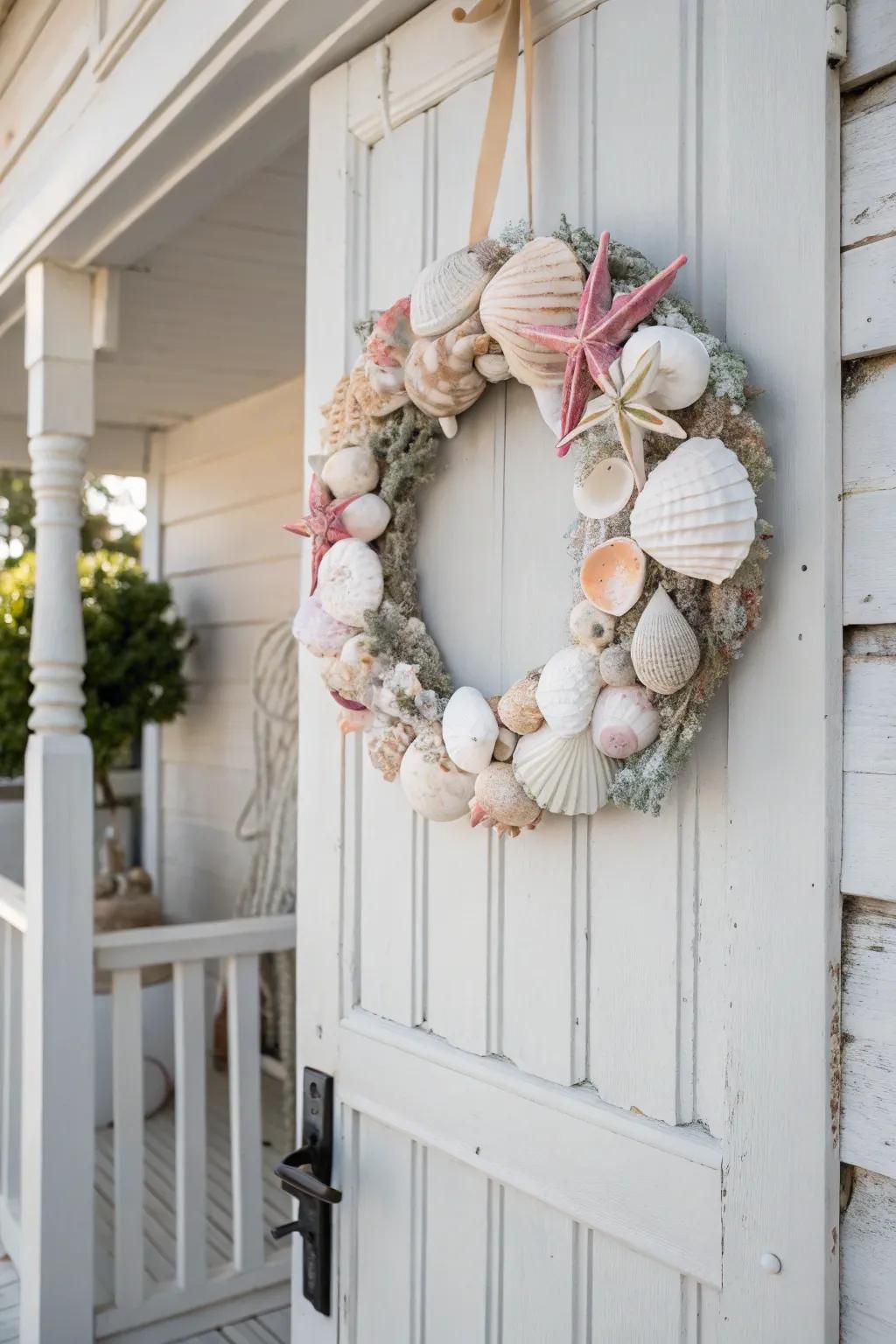 Welcome refinement to your abode using a handmade seashell wreath, where simplicity converges with organic splendor.