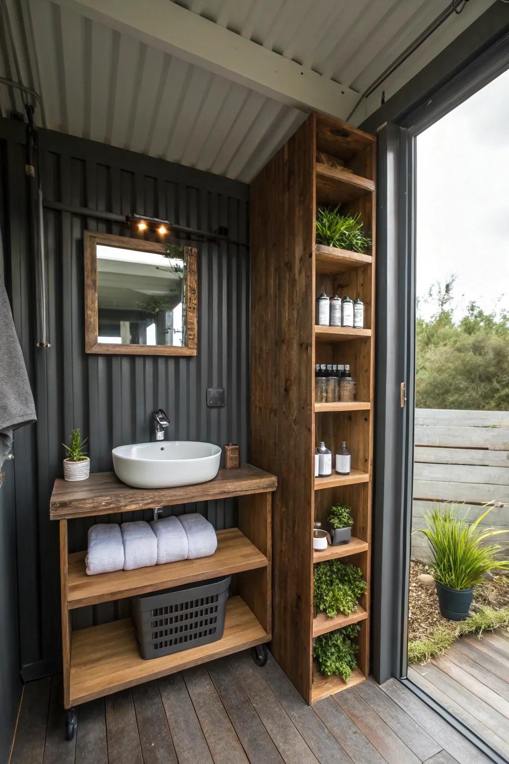Optimize height through creative design in container-based bathrooms.