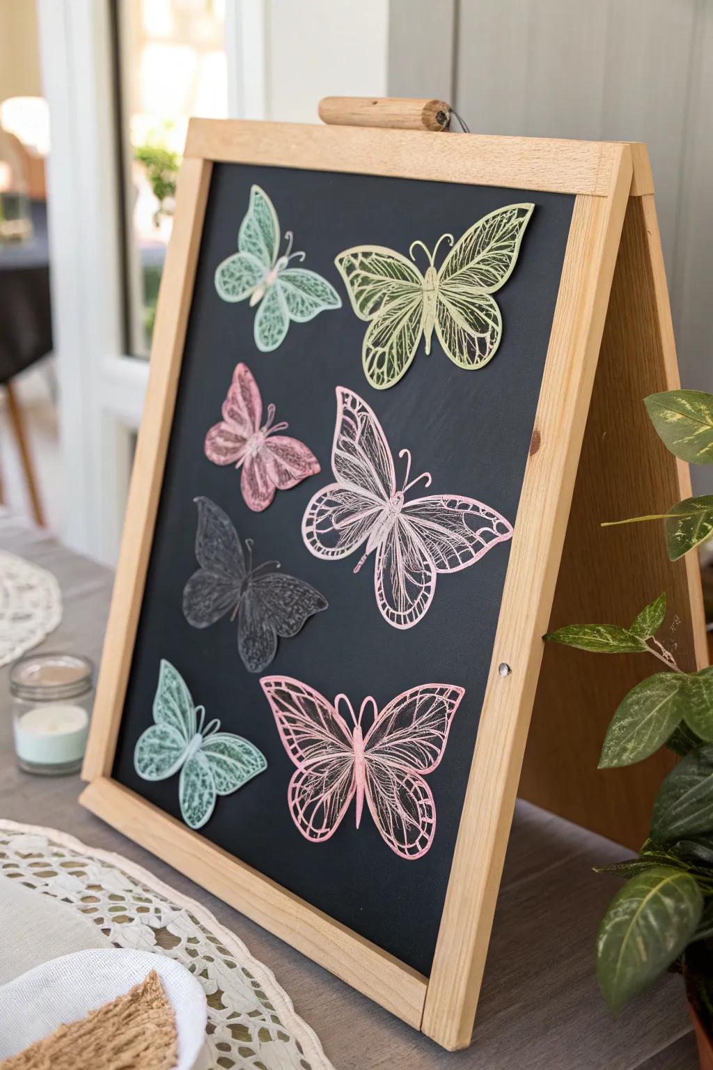 Drift into spring with an alluring butterfly procession gracing your chalkboard, where simplicity intertwines with nature's enchantment.