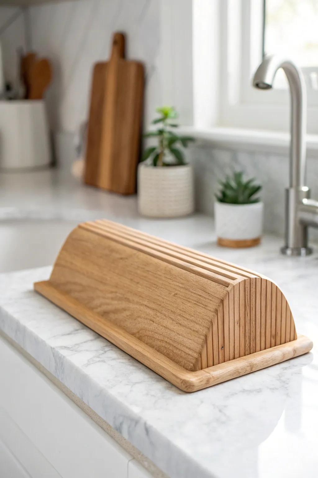 Maintain the dryness of your counters with this refined, handcrafted splash guard – a seamless fusion of minimalism and natural beauty.