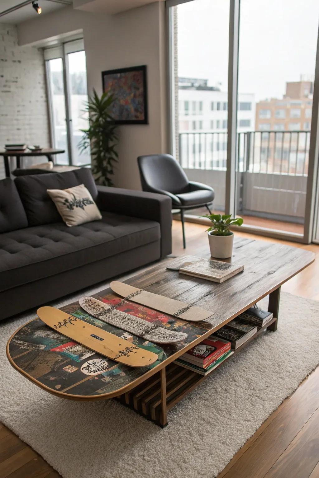 An imaginative occasional table fabricated from repurposed skateboard surfaces.