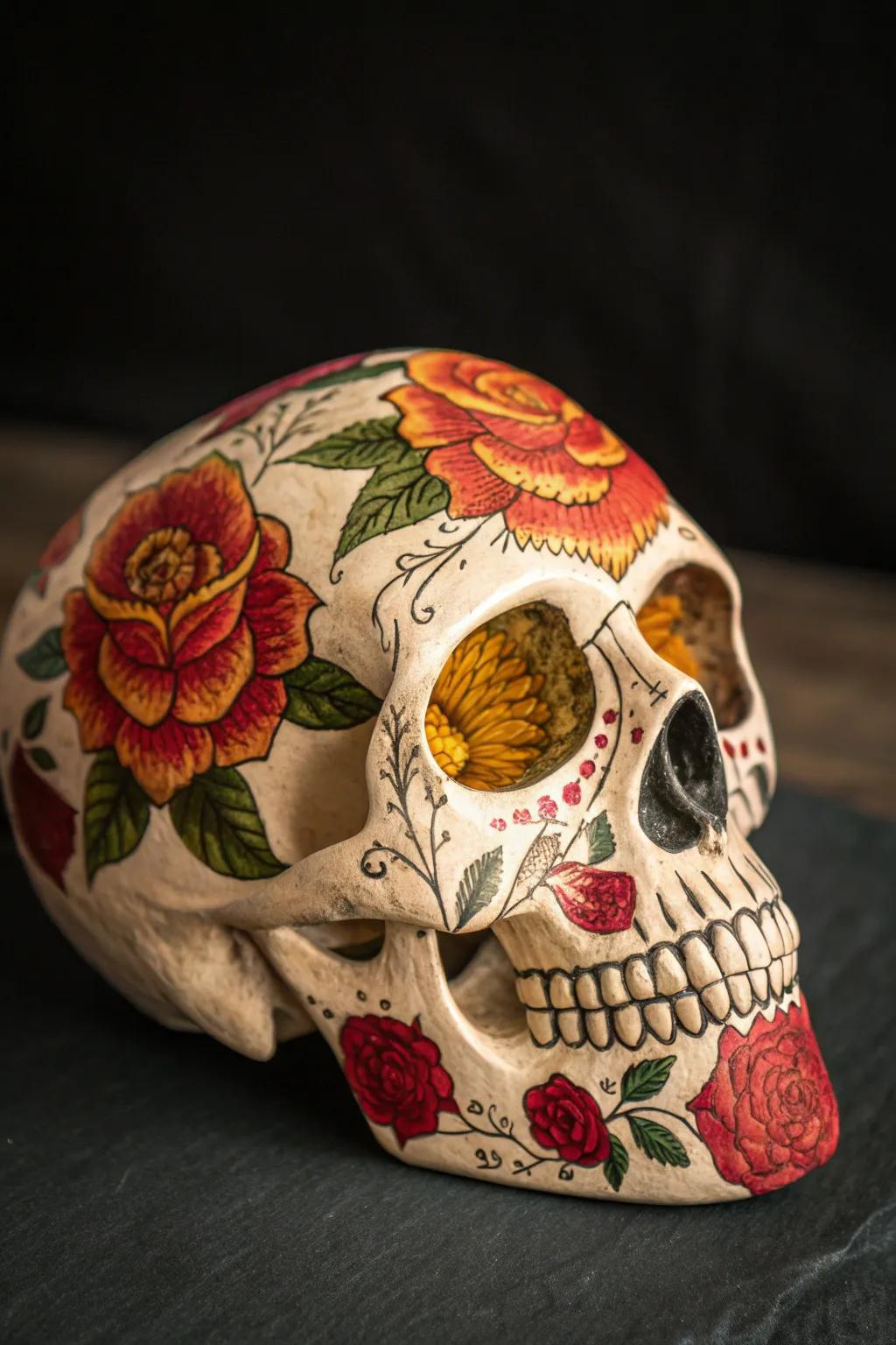 Sophistication through Art: An Exquisite Botanical Skull Creation